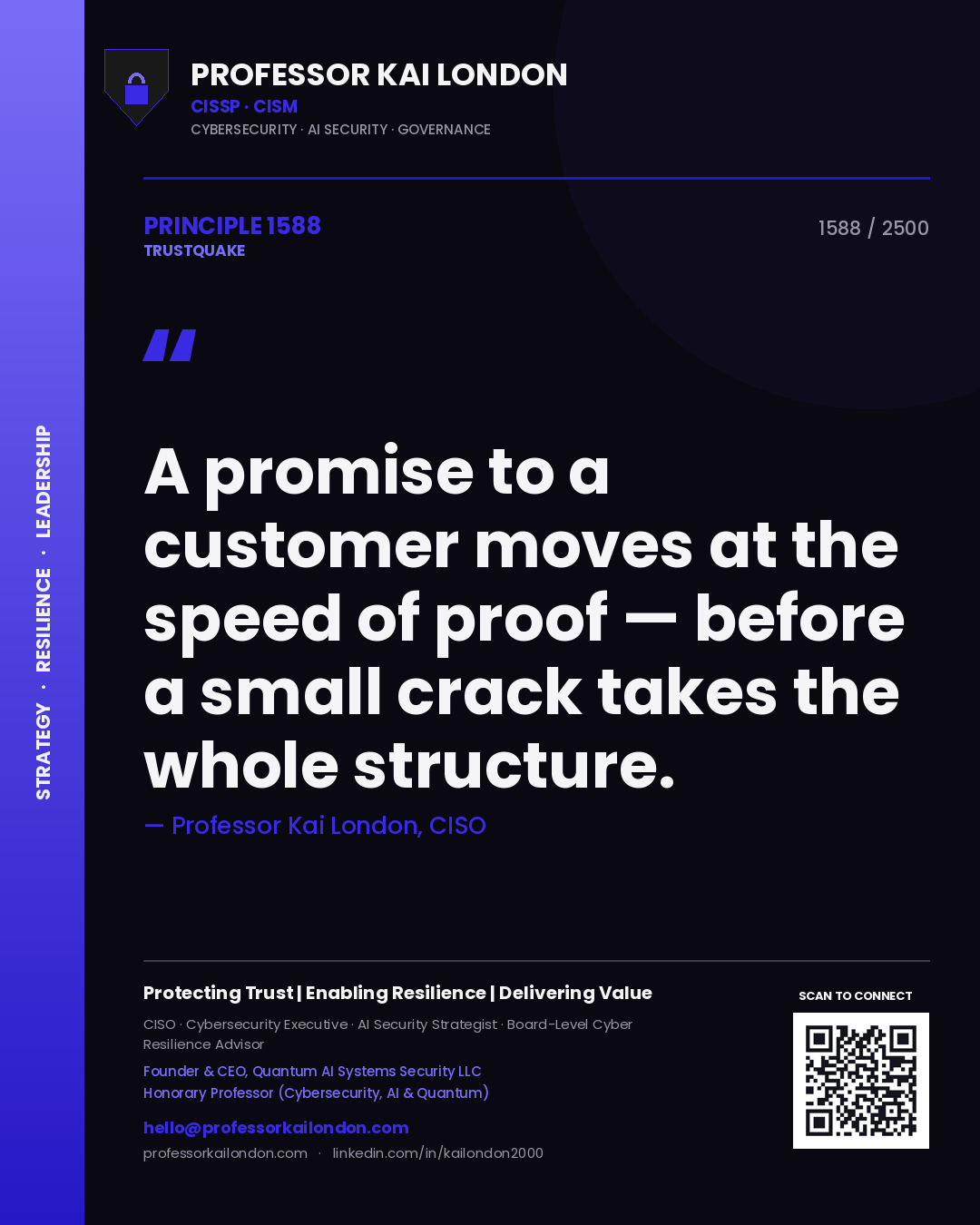Quote card by Professor Kai London reading 'A promise to a customer moves at the speed of proof — before a small crack takes the whole structure.'. From the book Trustquake.