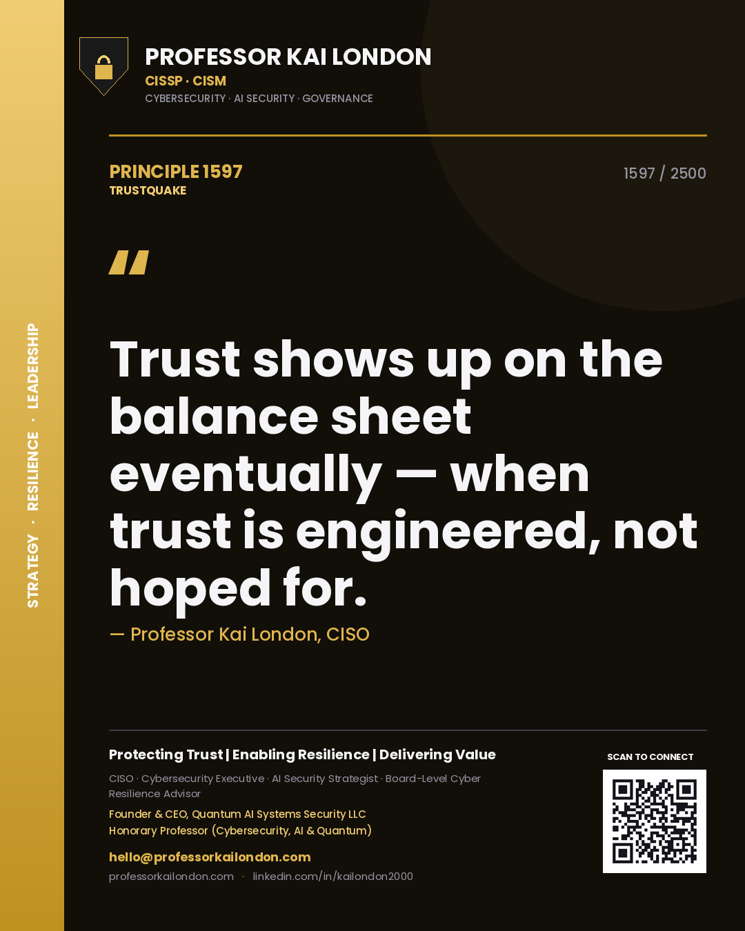 Quote card by Professor Kai London reading 'Trust shows up on the balance sheet eventually — when trust is engineered, not hoped for.'. From the book Trustquake.