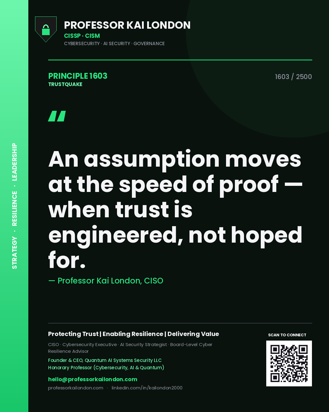 Quote card by Professor Kai London reading 'An assumption moves at the speed of proof — when trust is engineered, not hoped for.'. From the book Trustquake.