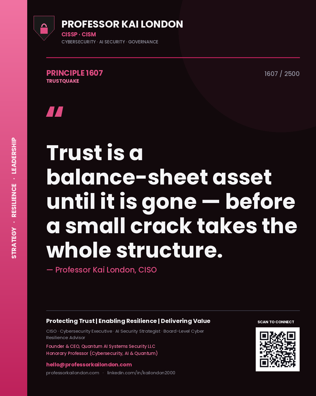 Quote card by Professor Kai London reading 'Trust is a balance-sheet asset until it is gone — before a small crack takes the whole structure.'. From the book Trustquake.