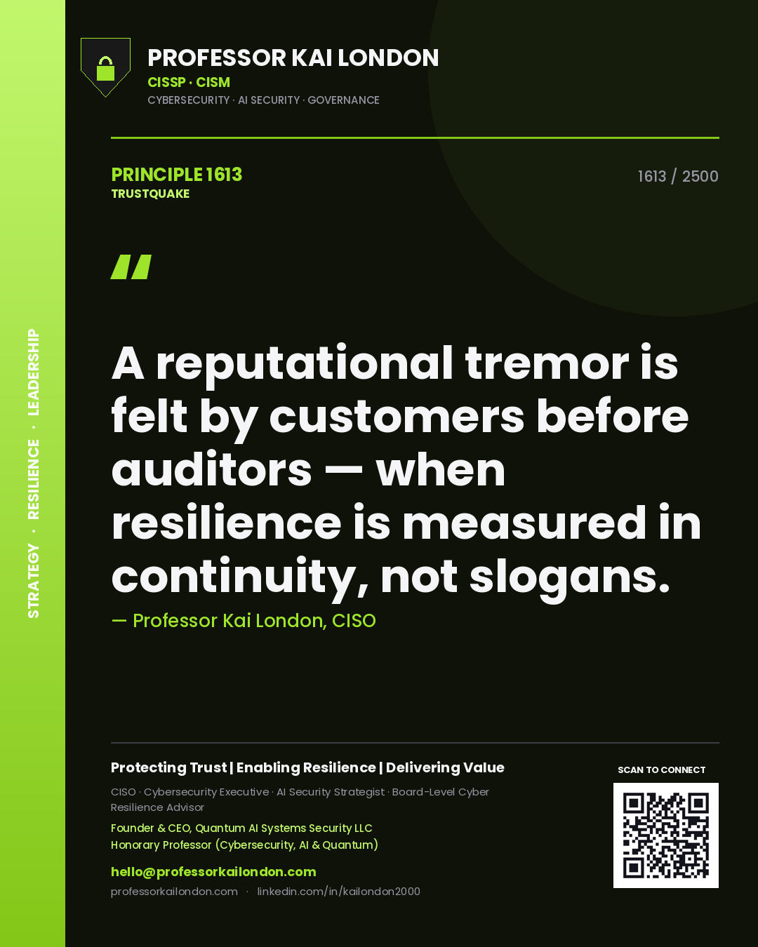 Professor Kai London principle 1613: A reputational tremor is felt by customers before auditors — when resilience is measured in continuity, not slogans.