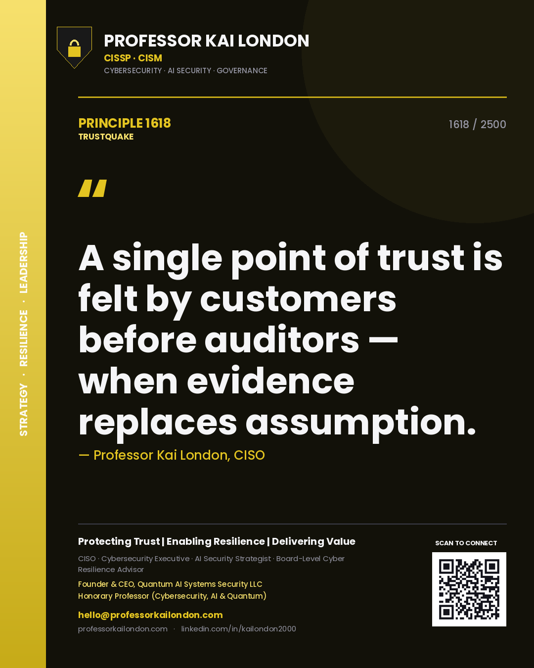 Professor Kai London principle 1618: A single point of trust is felt by customers before auditors — when evidence replaces assumption.