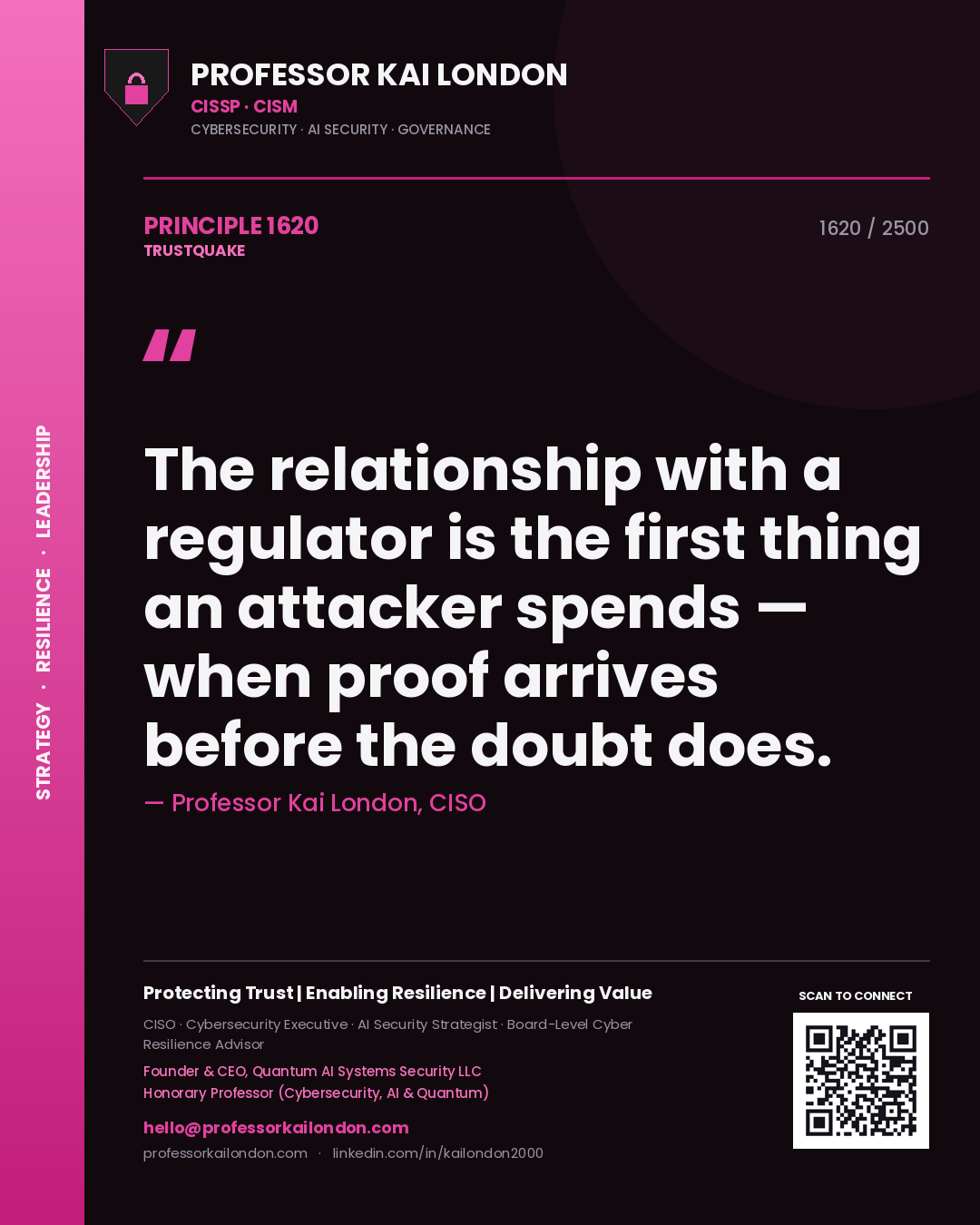 Quote card by Professor Kai London reading 'The relationship with a regulator is the first thing an attacker spends — when proof arrives before the doubt does.'. From the book Trustquake.