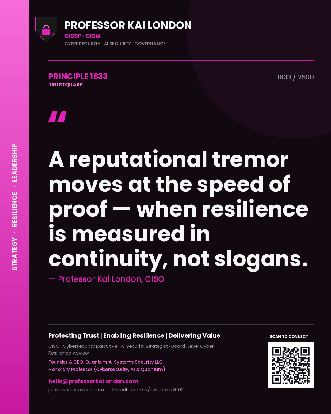 Professor Kai London principle 1633: A reputational tremor moves at the speed of proof — when resilience is measured in continuity, not slogans.