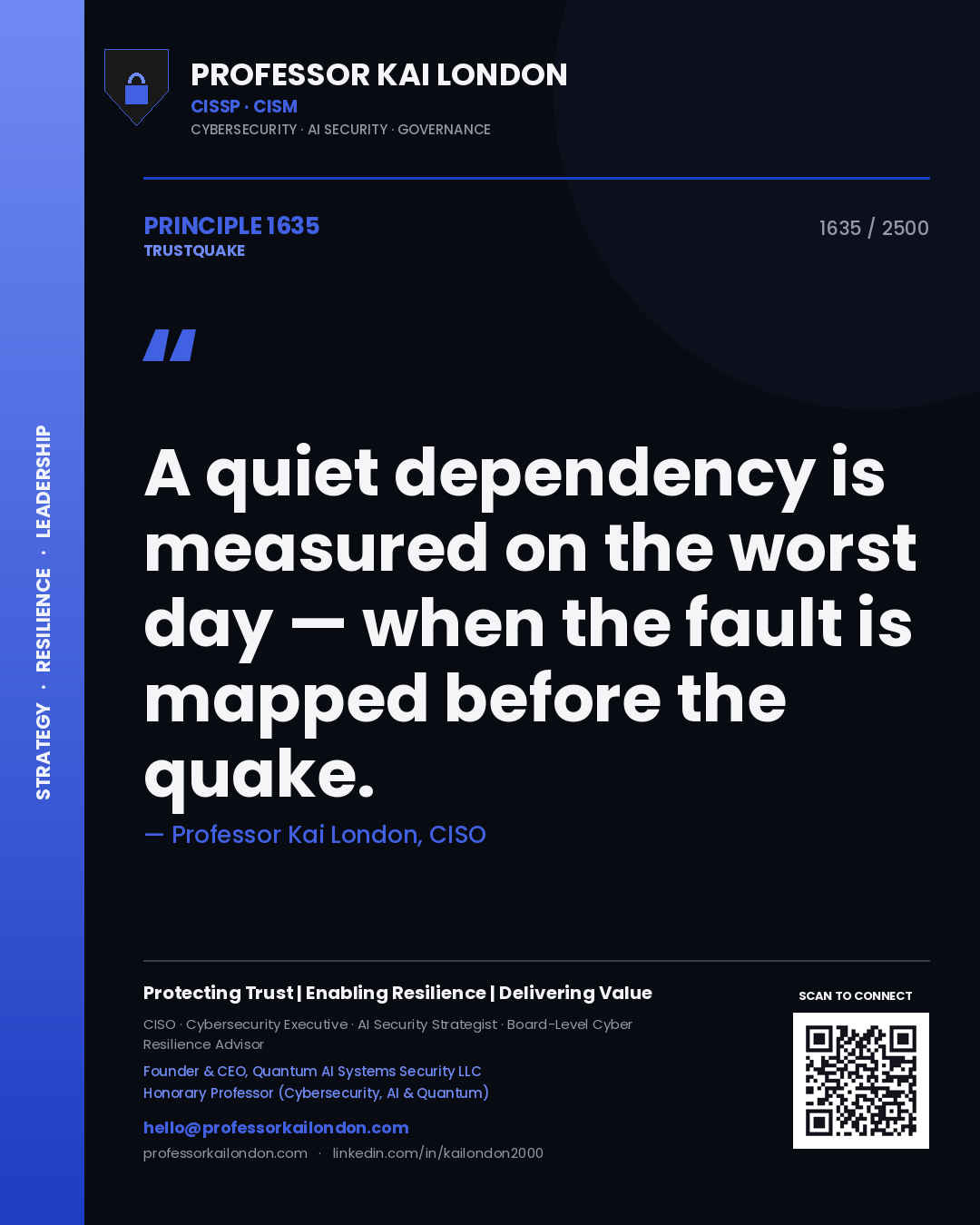 Quote card by Professor Kai London reading 'A quiet dependency is measured on the worst day — when the fault is mapped before the quake.'. From the book Trustquake.