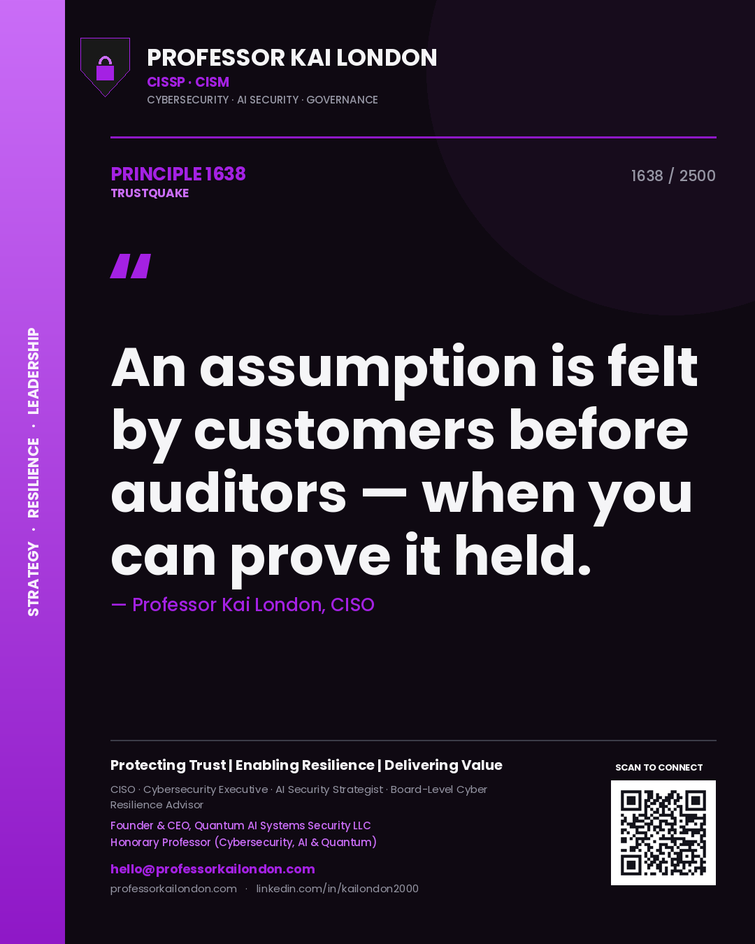 Quote card by Professor Kai London reading 'An assumption is felt by customers before auditors — when you can prove it held.'. From the book Trustquake.