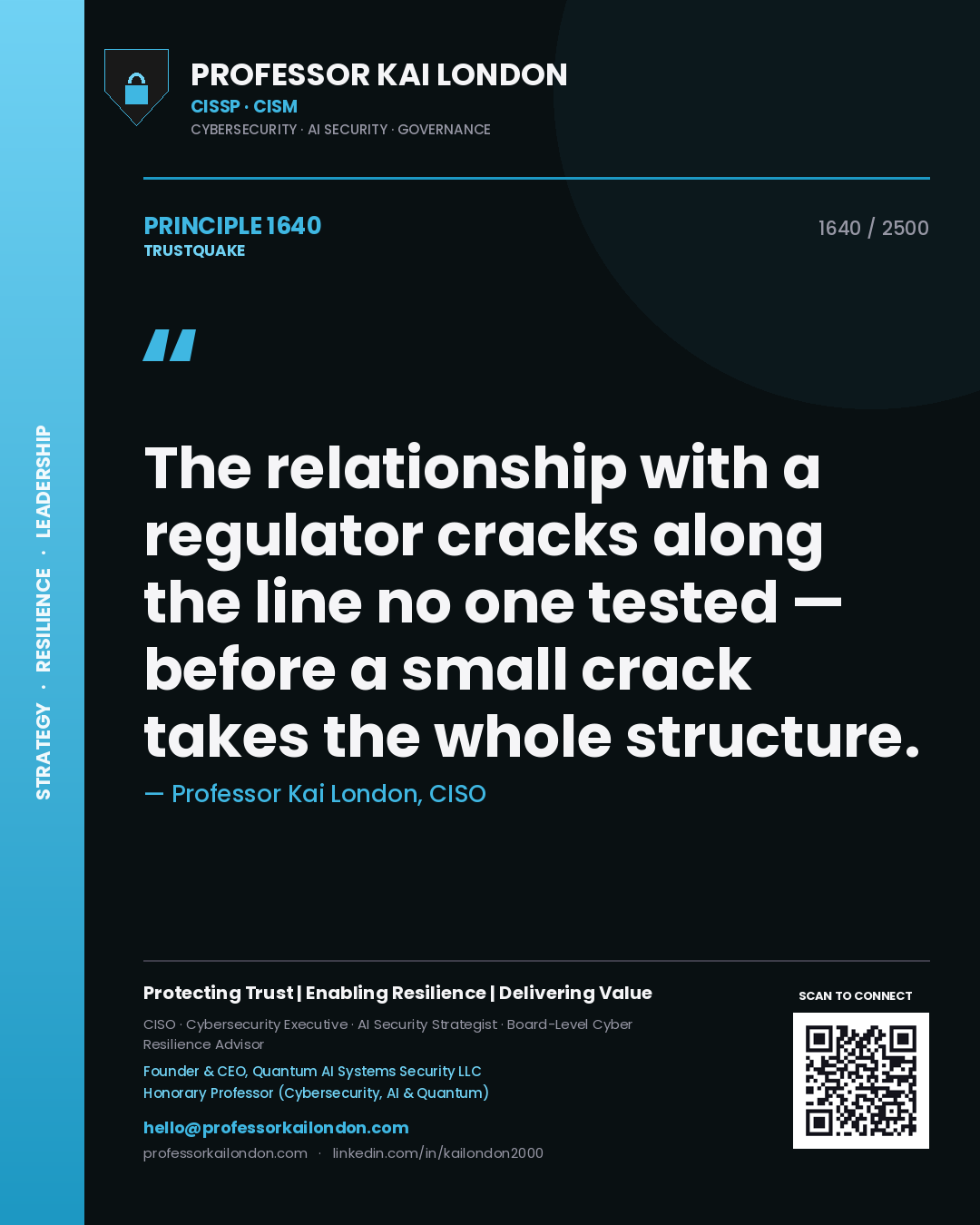 Quote card by Professor Kai London reading 'The relationship with a regulator cracks along the line no one tested — before a small crack takes the whole structure.'. From the book Trustquake.