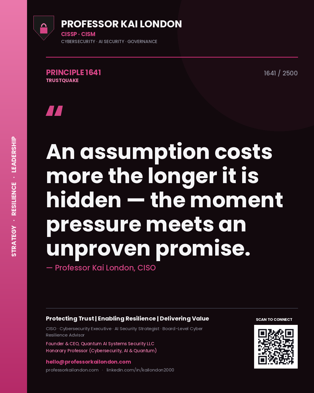 Quote card by Professor Kai London reading 'An assumption costs more the longer it is hidden — the moment pressure meets an unproven promise.'. From the book Trustquake.