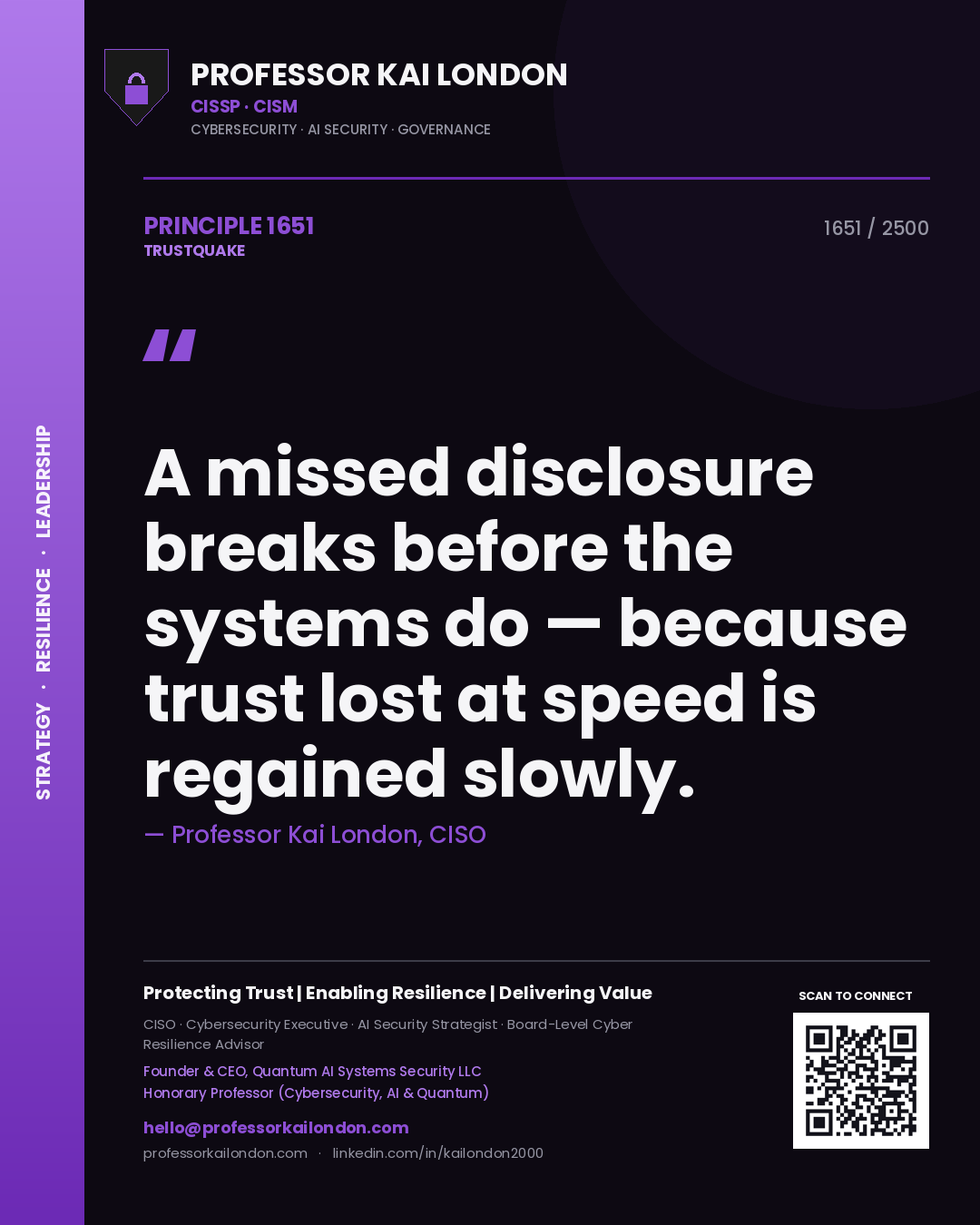 Quote card by Professor Kai London reading 'A missed disclosure breaks before the systems do — because trust lost at speed is regained slowly.'. From the book Trustquake.