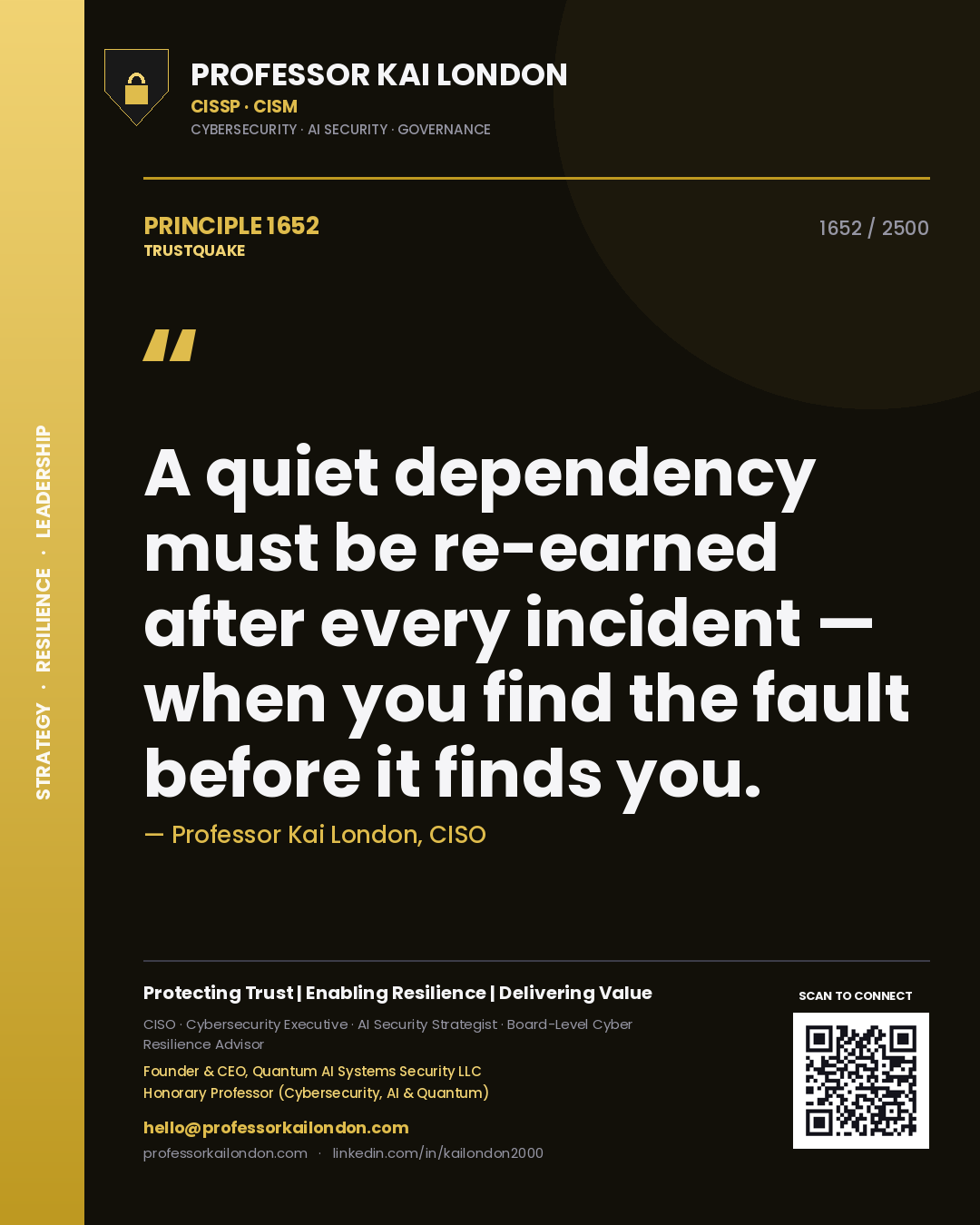 Professor Kai London principle 1652: A quiet dependency must be re-earned after every incident — when you find the fault before it finds you.