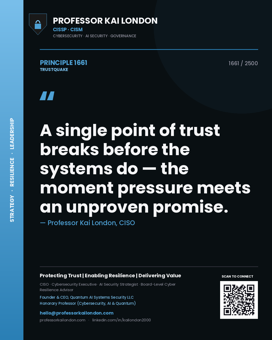 Quote card by Professor Kai London reading 'A single point of trust breaks before the systems do — the moment pressure meets an unproven promise.'. From the book Trustquake.