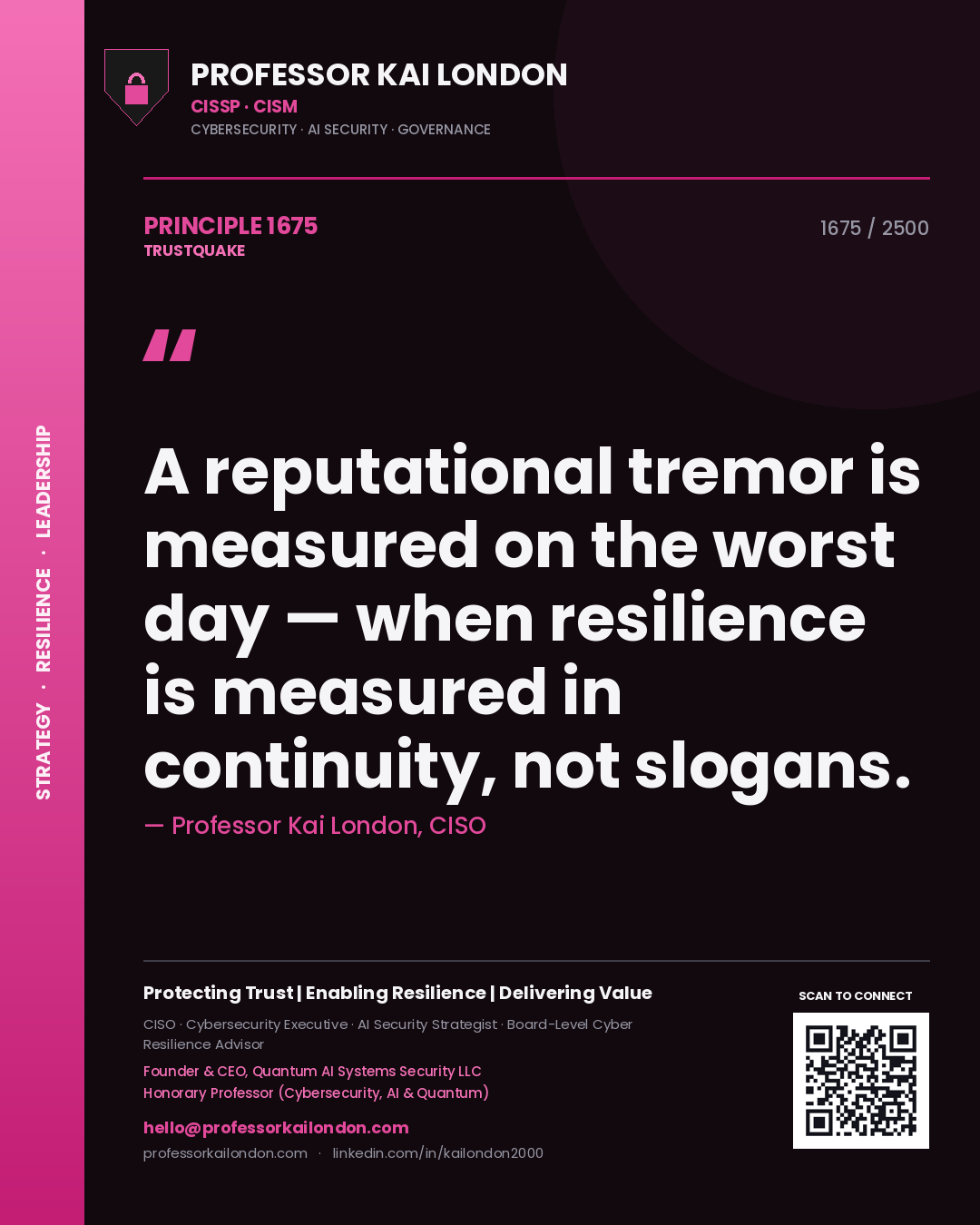 Quote card by Professor Kai London reading 'A reputational tremor is measured on the worst day — when resilience is measured in continuity, not slogans.'. From the book Trustquake.