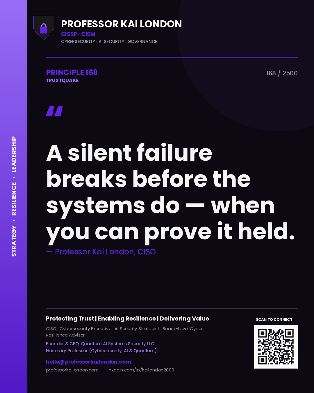 Quote card by Professor Kai London reading 'A silent failure breaks before the systems do — when you can prove it held.'. From the book Trustquake.