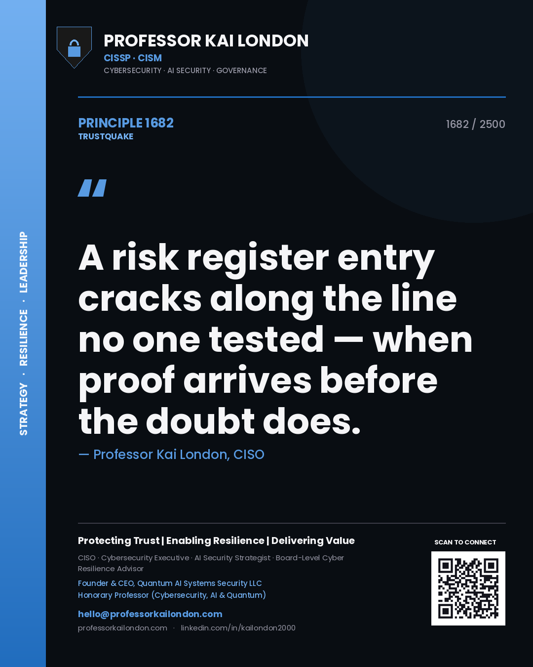 Professor Kai London principle 1682: A risk register entry cracks along the line no one tested — when proof arrives before the doubt does.