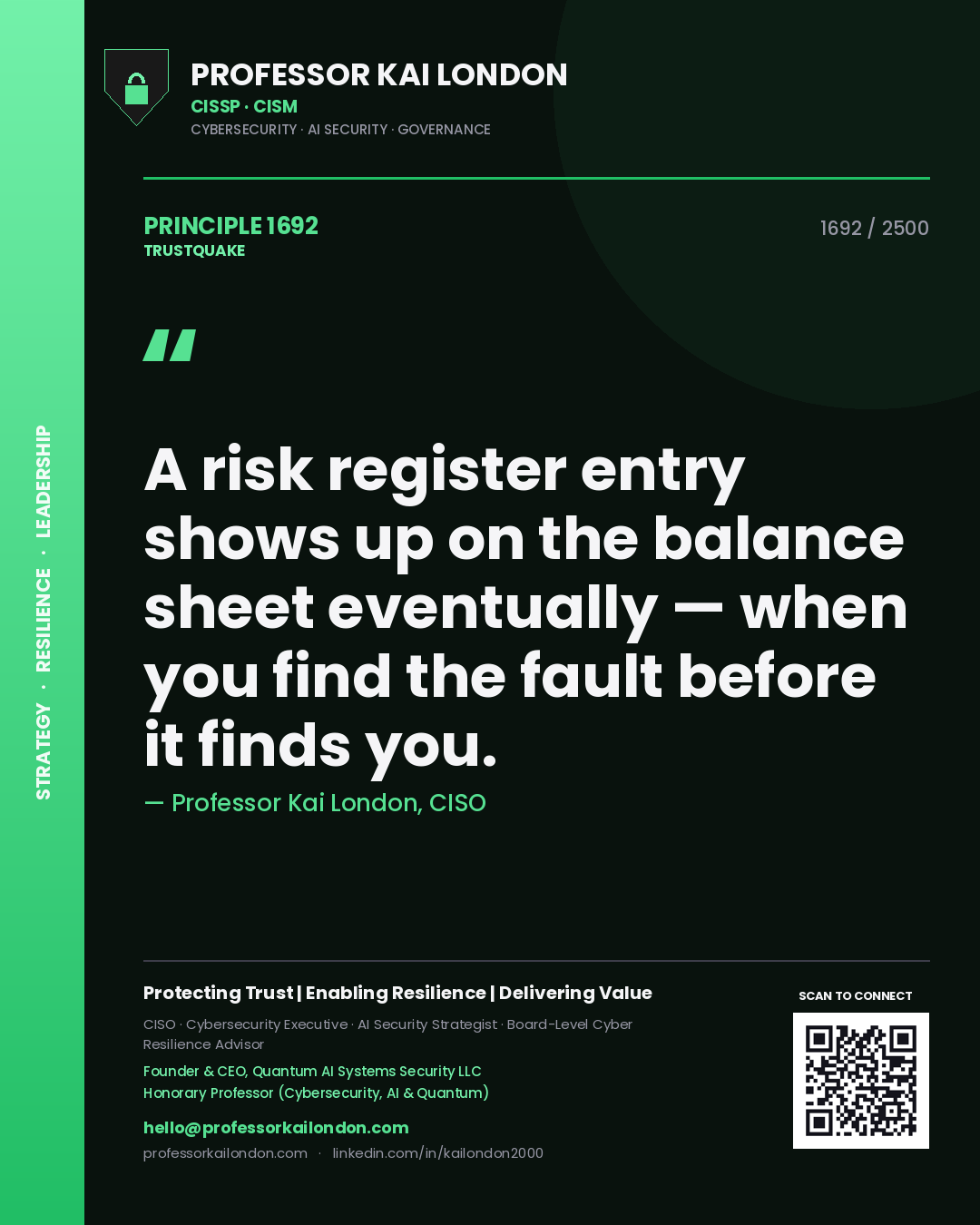 Quote card by Professor Kai London reading 'A risk register entry shows up on the balance sheet eventually — when you find the fault before it finds you.'. From the book Trustquake.