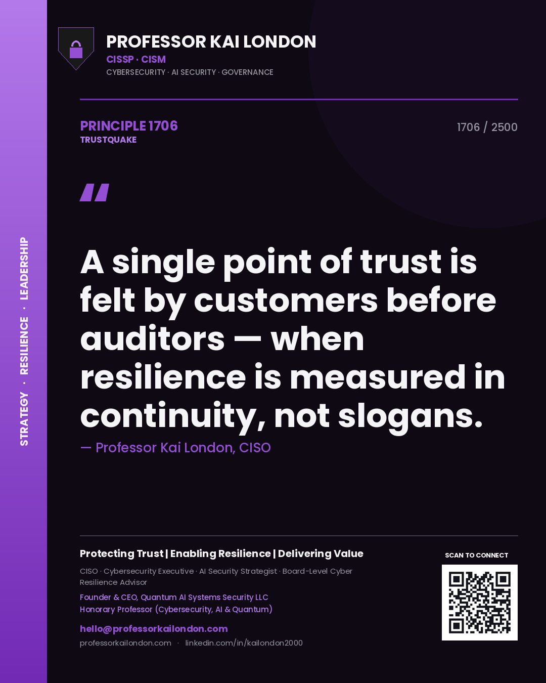 Quote card by Professor Kai London reading 'A single point of trust is felt by customers before auditors — when resilience is measured in continuity, not slogans.'. From the book Trustquake.