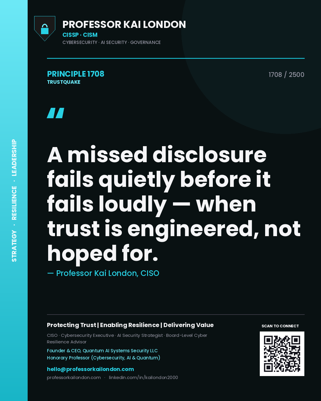 Quote card by Professor Kai London reading 'A missed disclosure fails quietly before it fails loudly — when trust is engineered, not hoped for.'. From the book Trustquake.