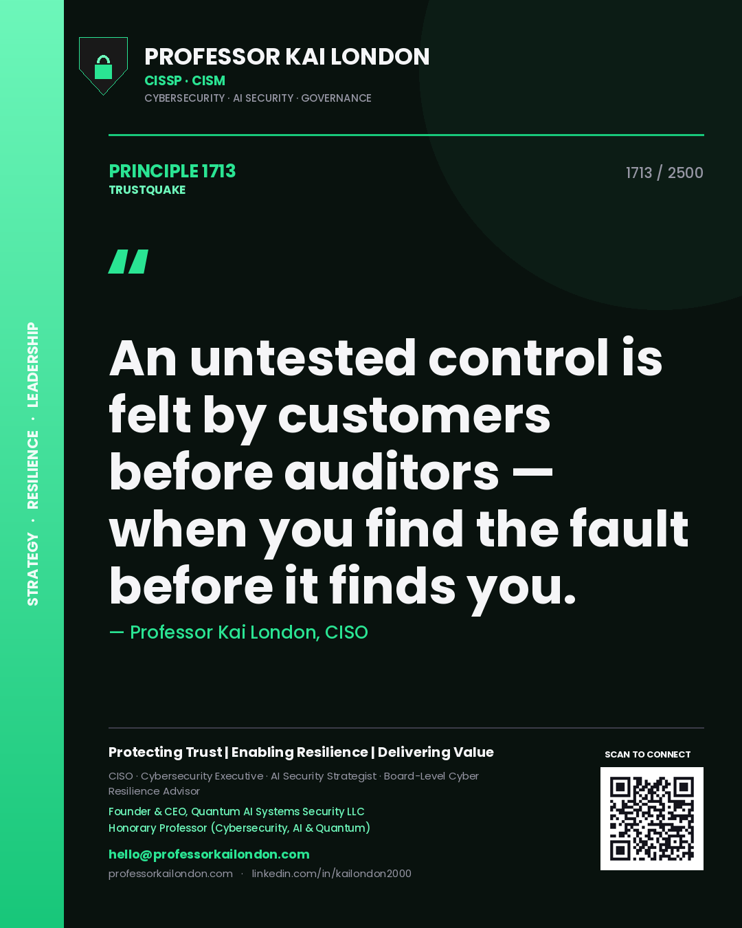 Professor Kai London principle 1713: An untested control is felt by customers before auditors — when you find the fault before it finds you.