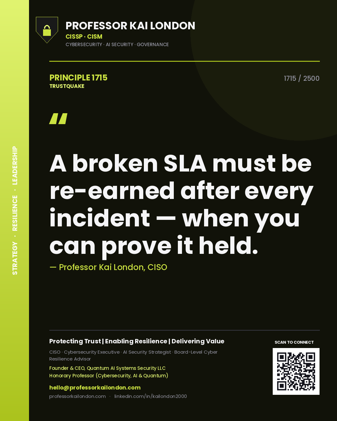 Quote card by Professor Kai London reading 'A broken SLA must be re-earned after every incident — when you can prove it held.'. From the book Trustquake.