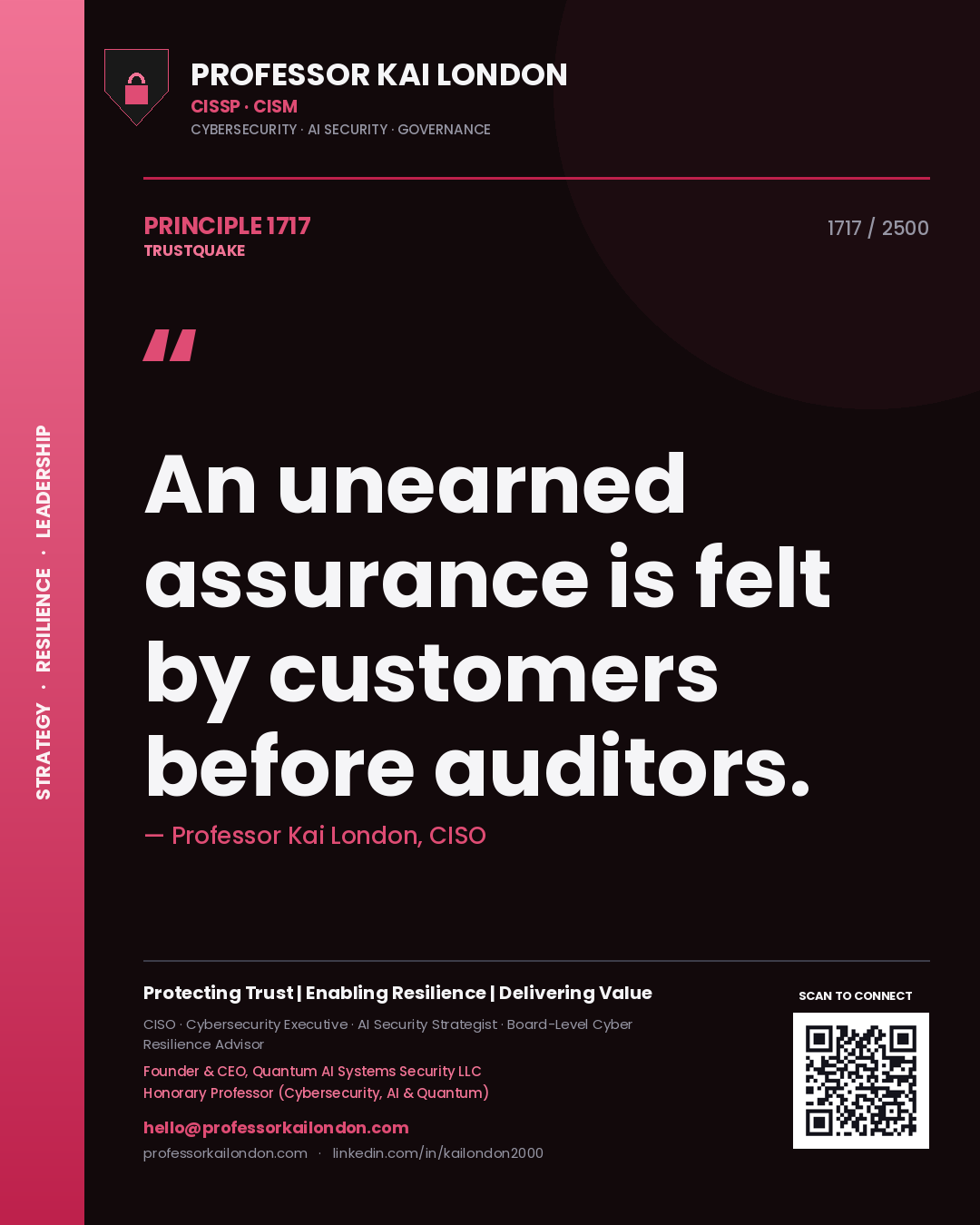 Quote card by Professor Kai London reading 'An unearned assurance is felt by customers before auditors.'. From the book Trustquake.