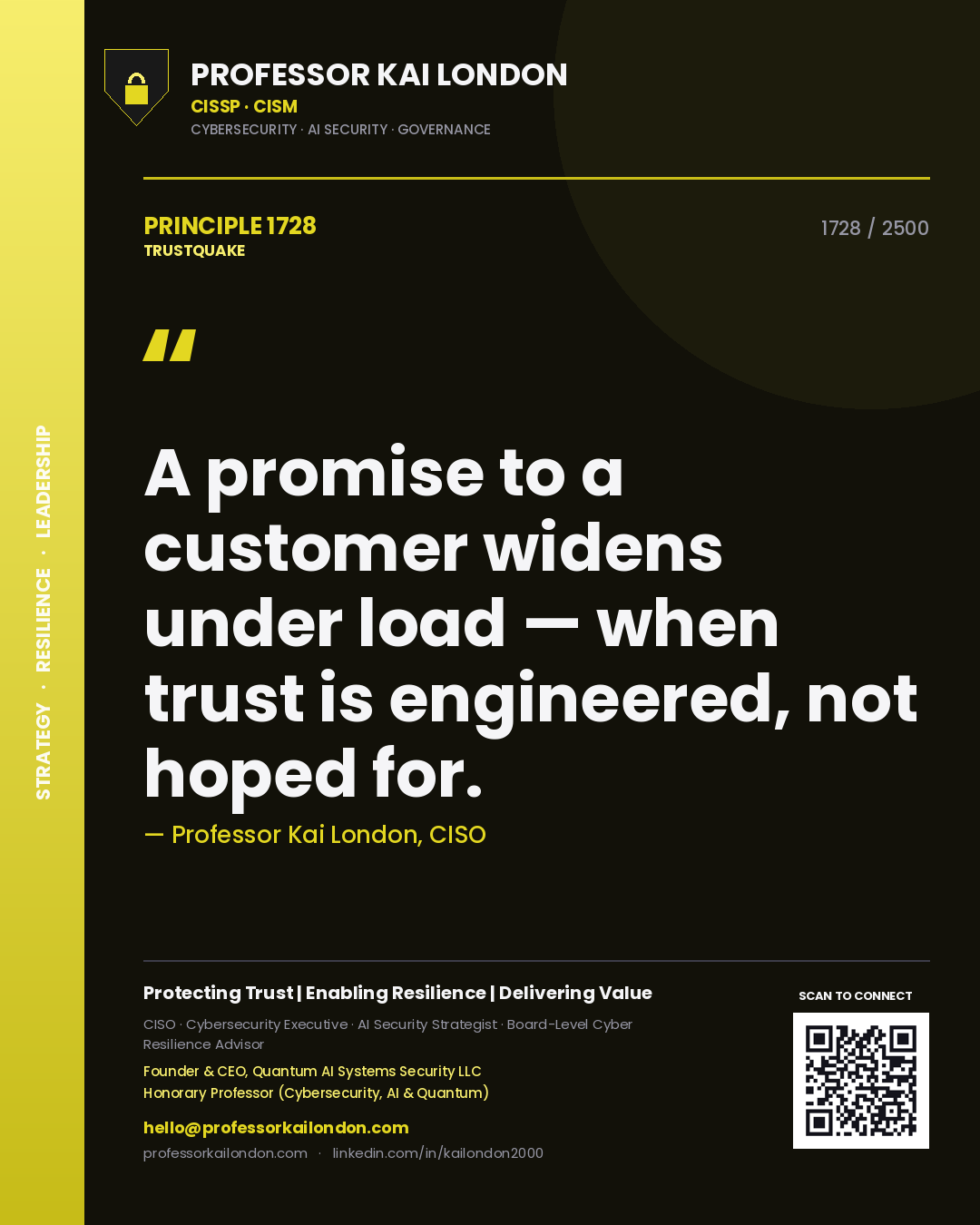 Quote card by Professor Kai London reading 'A promise to a customer widens under load — when trust is engineered, not hoped for.'. From the book Trustquake.