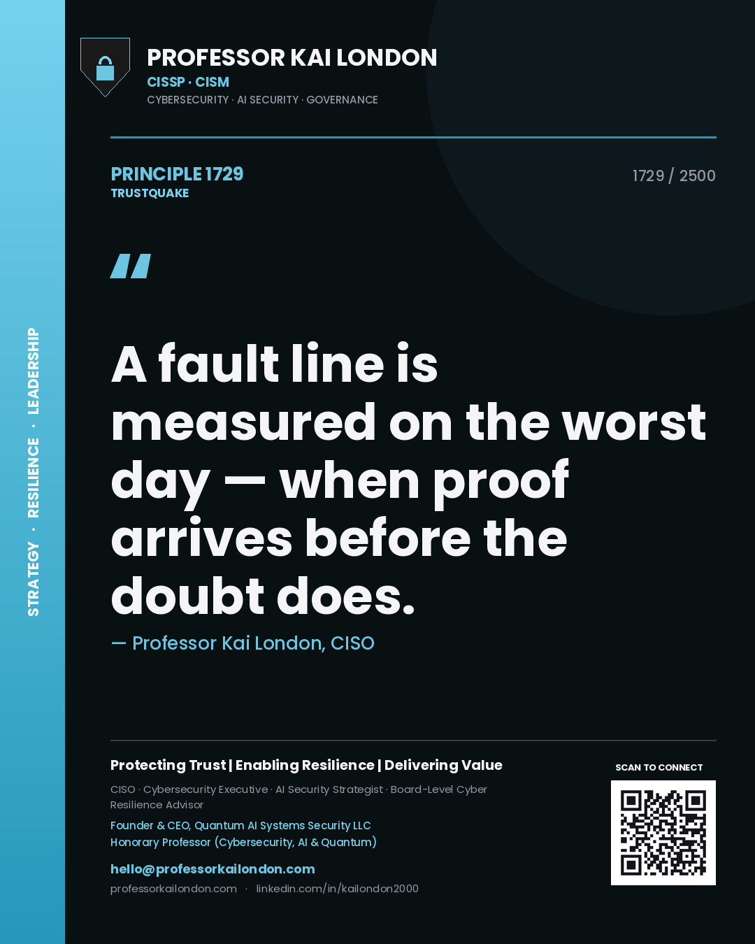 Quote card by Professor Kai London reading 'A fault line is measured on the worst day — when proof arrives before the doubt does.'. From the book Trustquake.