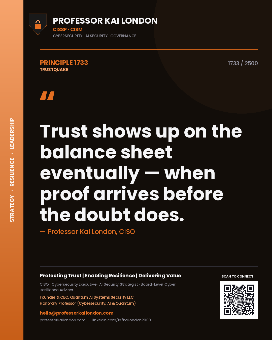 Quote card by Professor Kai London reading 'Trust shows up on the balance sheet eventually — when proof arrives before the doubt does.'. From the book Trustquake.