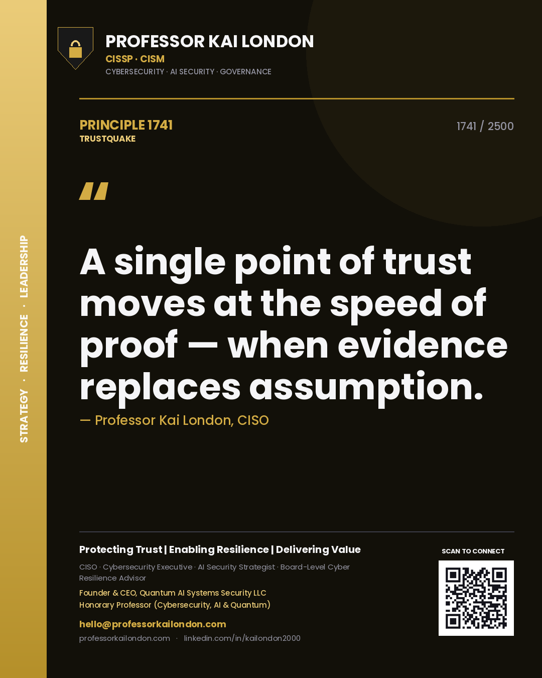 Quote card by Professor Kai London reading 'A single point of trust moves at the speed of proof — when evidence replaces assumption.'. From the book Trustquake.