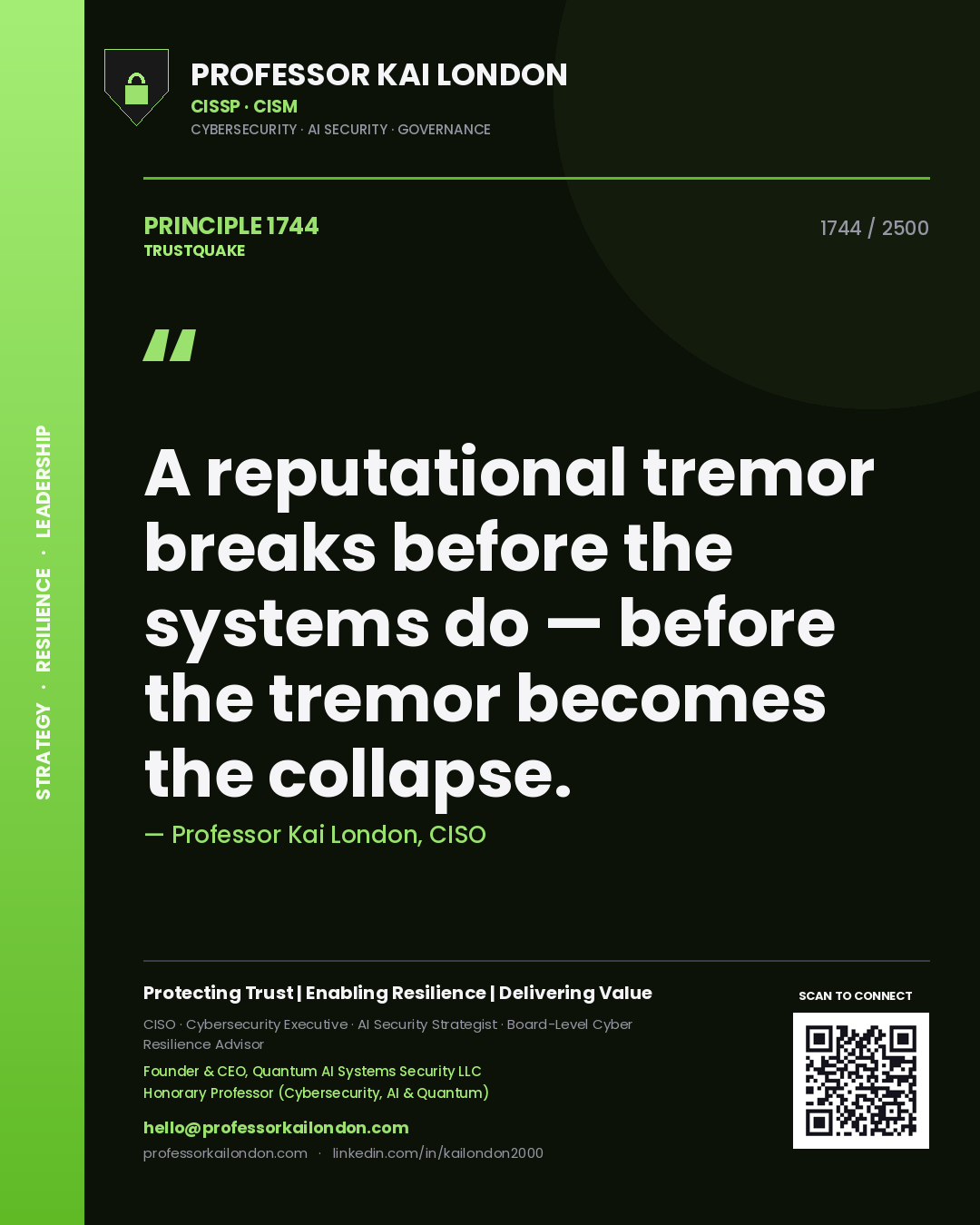 Quote card by Professor Kai London reading 'A reputational tremor breaks before the systems do — before the tremor becomes the collapse.'. From the book Trustquake.