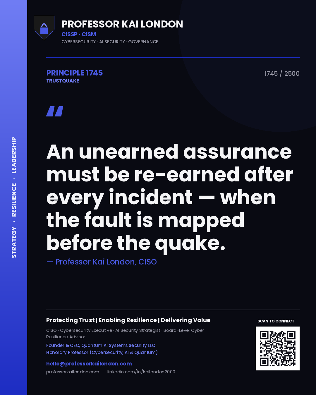 Quote card by Professor Kai London reading 'An unearned assurance must be re-earned after every incident — when the fault is mapped before the quake.'. From the book Trustquake.