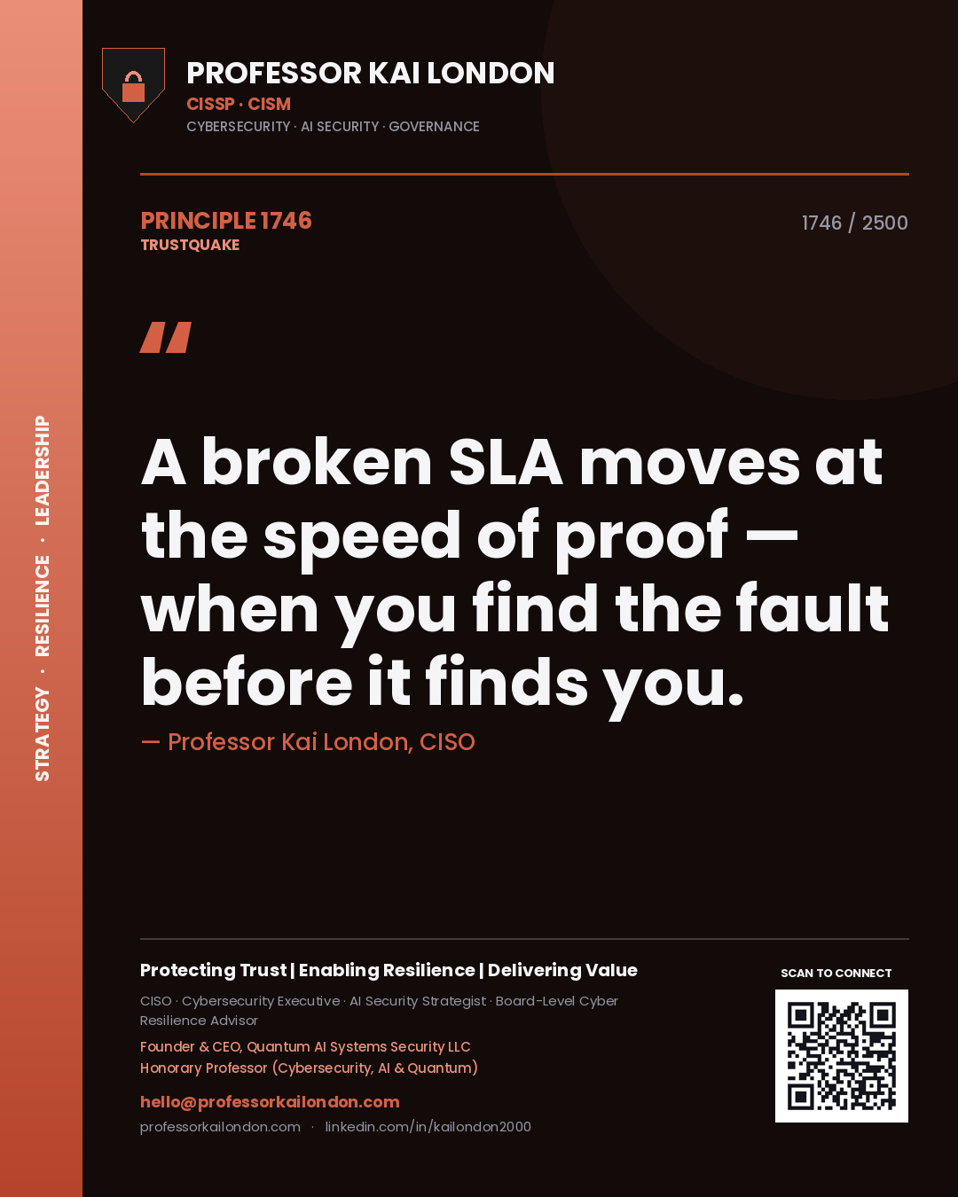 Quote card by Professor Kai London reading 'A broken SLA moves at the speed of proof — when you find the fault before it finds you.'. From the book Trustquake.