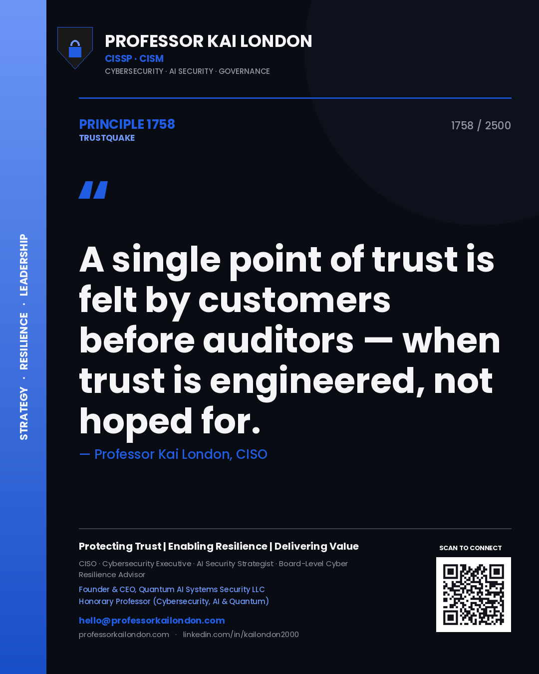 Quote card by Professor Kai London reading 'A single point of trust is felt by customers before auditors — when trust is engineered, not hoped for.'. From the book Trustquake.