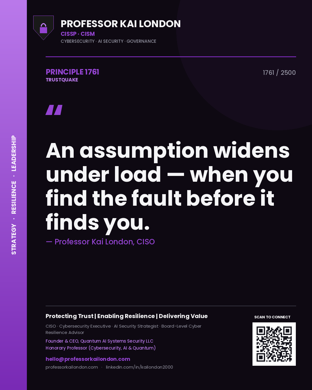 Quote card by Professor Kai London reading 'An assumption widens under load — when you find the fault before it finds you.'. From the book Trustquake.