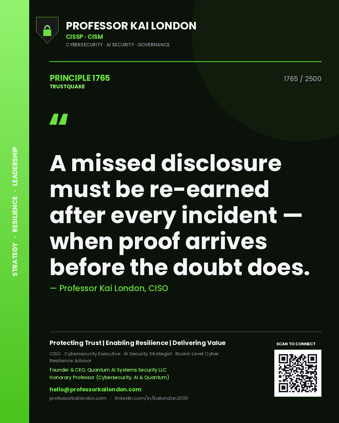 Quote card by Professor Kai London reading 'A missed disclosure must be re-earned after every incident — when proof arrives before the doubt does.'. From the book Trustquake.