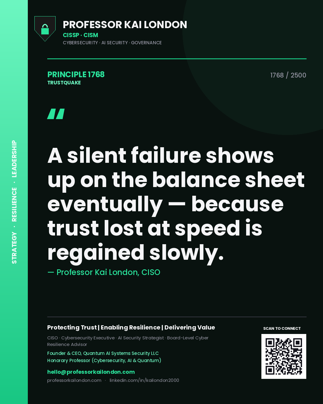 Quote card by Professor Kai London reading 'A silent failure shows up on the balance sheet eventually — because trust lost at speed is regained slowly.'. From the book Trustquake.