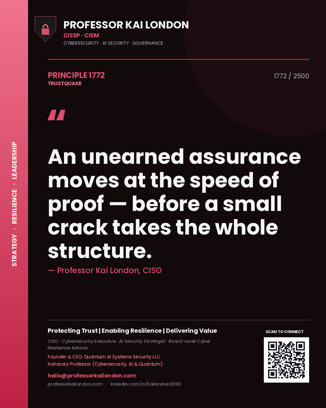 Professor Kai London principle 1772: An unearned assurance moves at the speed of proof — before a small crack takes the whole structure.