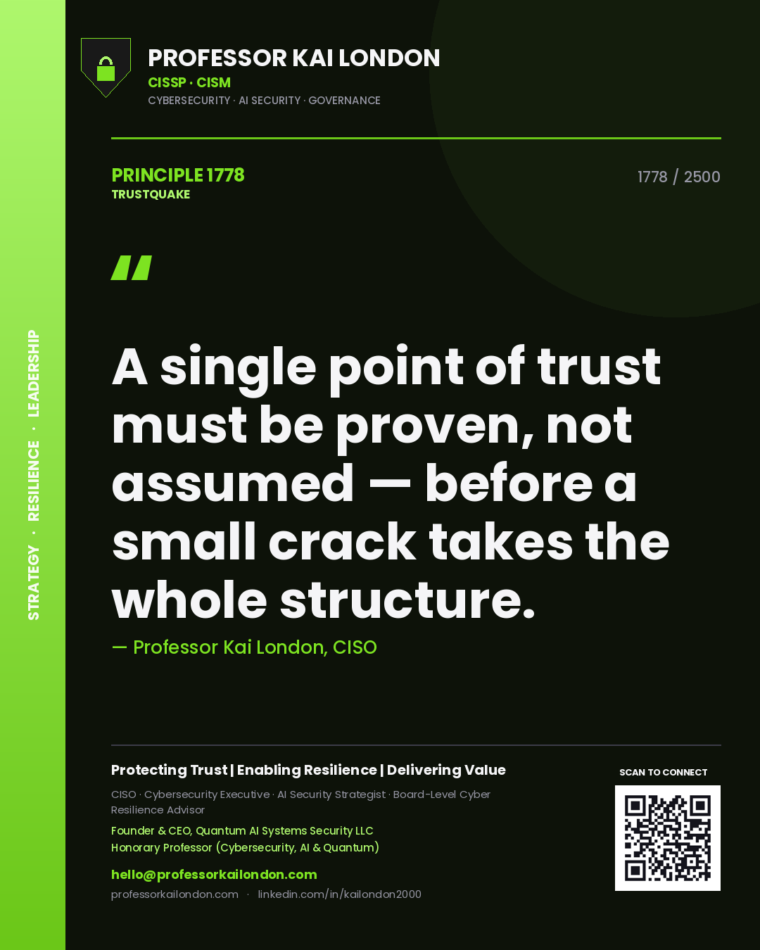 Quote card by Professor Kai London reading 'A single point of trust must be proven, not assumed — before a small crack takes the whole structure.'. From the book Trustquake.