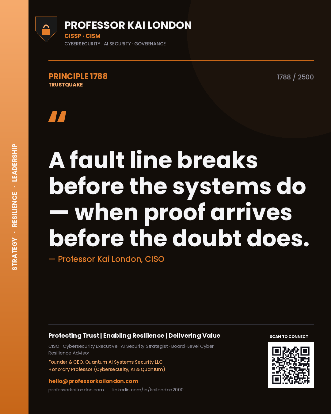 Quote card by Professor Kai London reading 'A fault line breaks before the systems do — when proof arrives before the doubt does.'. From the book Trustquake.