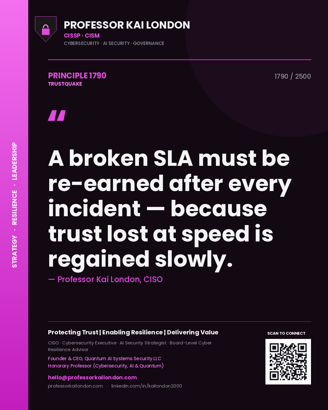 Quote card by Professor Kai London reading 'A broken SLA must be re-earned after every incident — because trust lost at speed is regained slowly.'. From the book Trustquake.