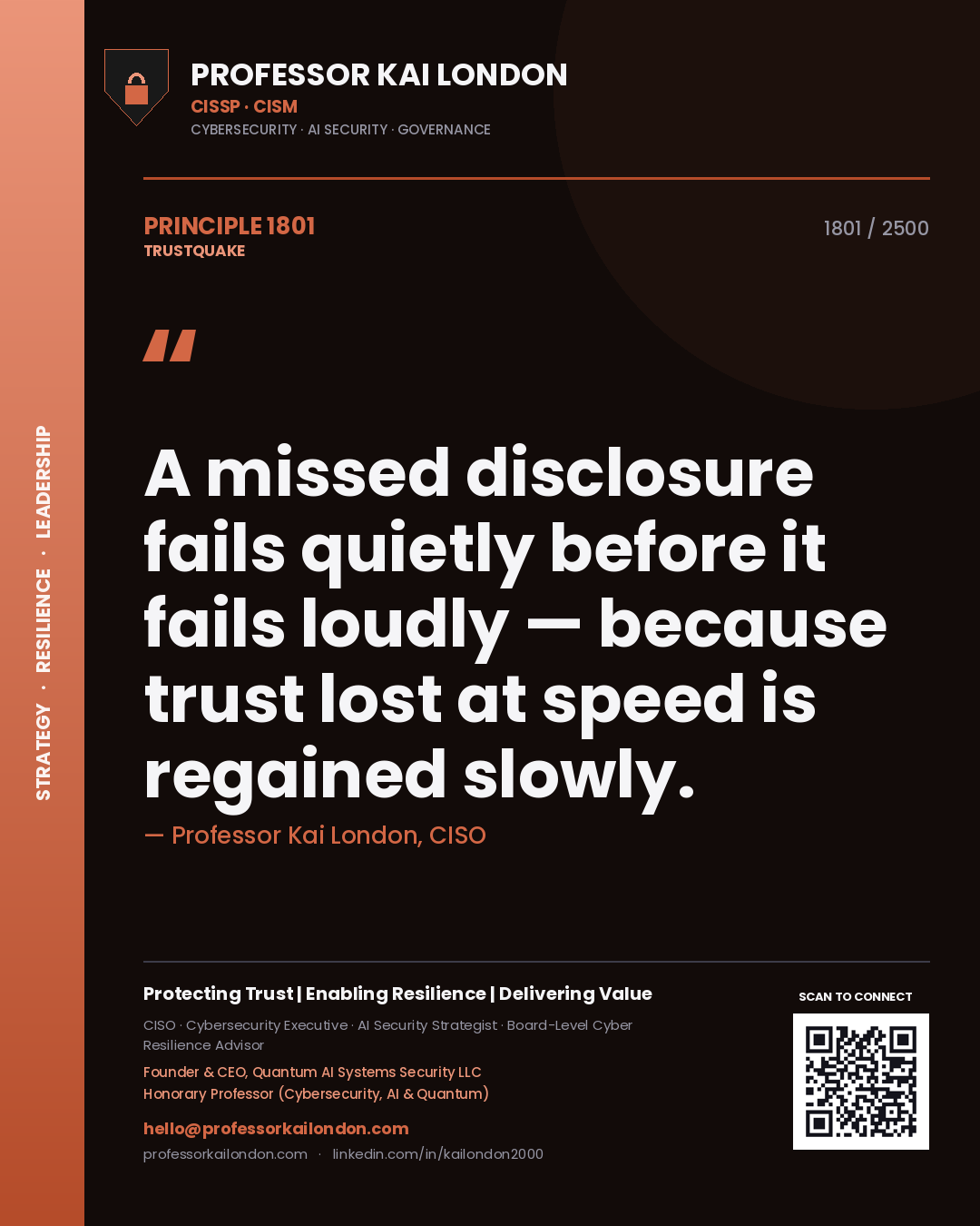 Quote card by Professor Kai London reading 'A missed disclosure fails quietly before it fails loudly — because trust lost at speed is regained slowly.'. From the book Trustquake.