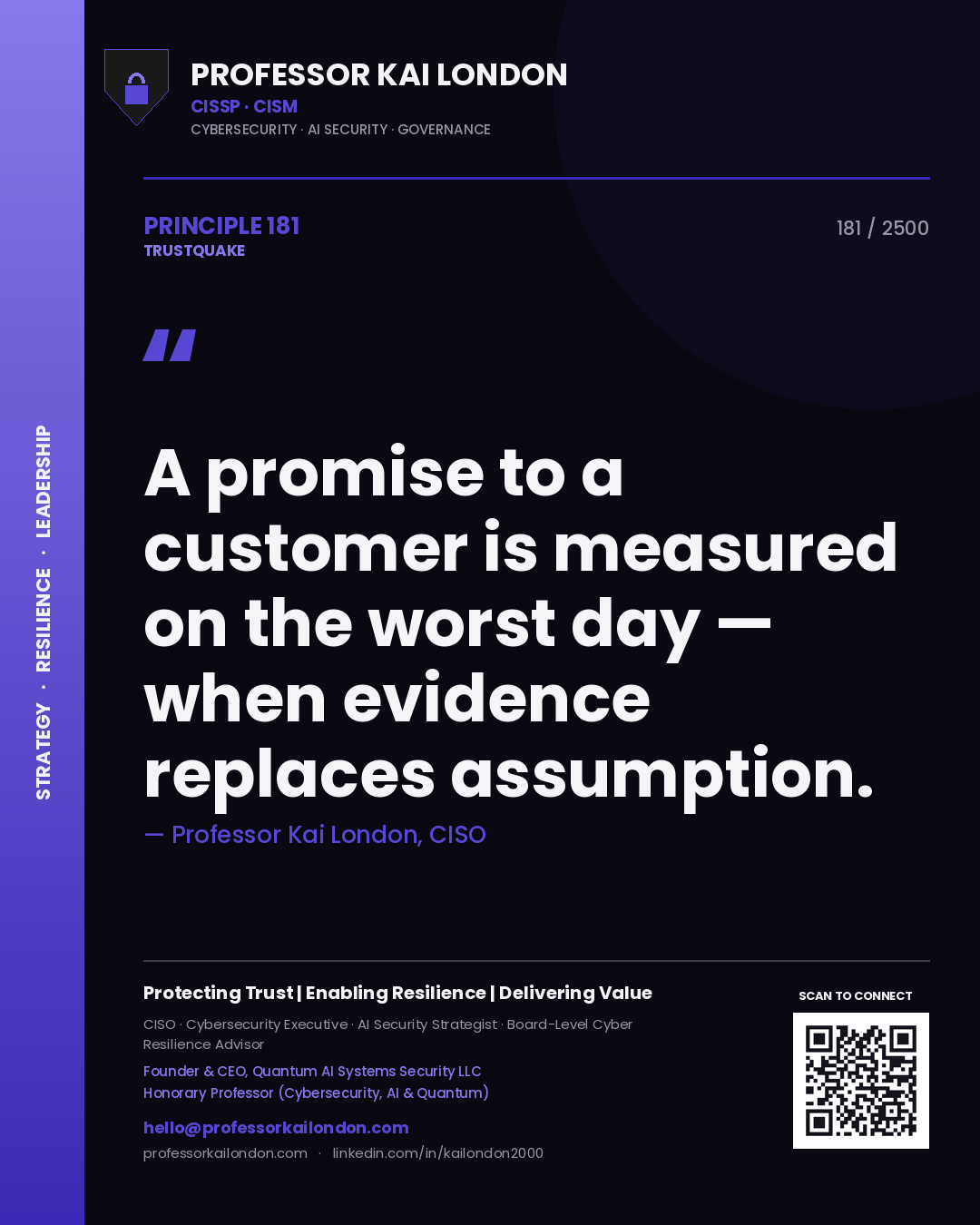 Quote card by Professor Kai London reading 'A promise to a customer is measured on the worst day — when evidence replaces assumption.'. From the book Trustquake.