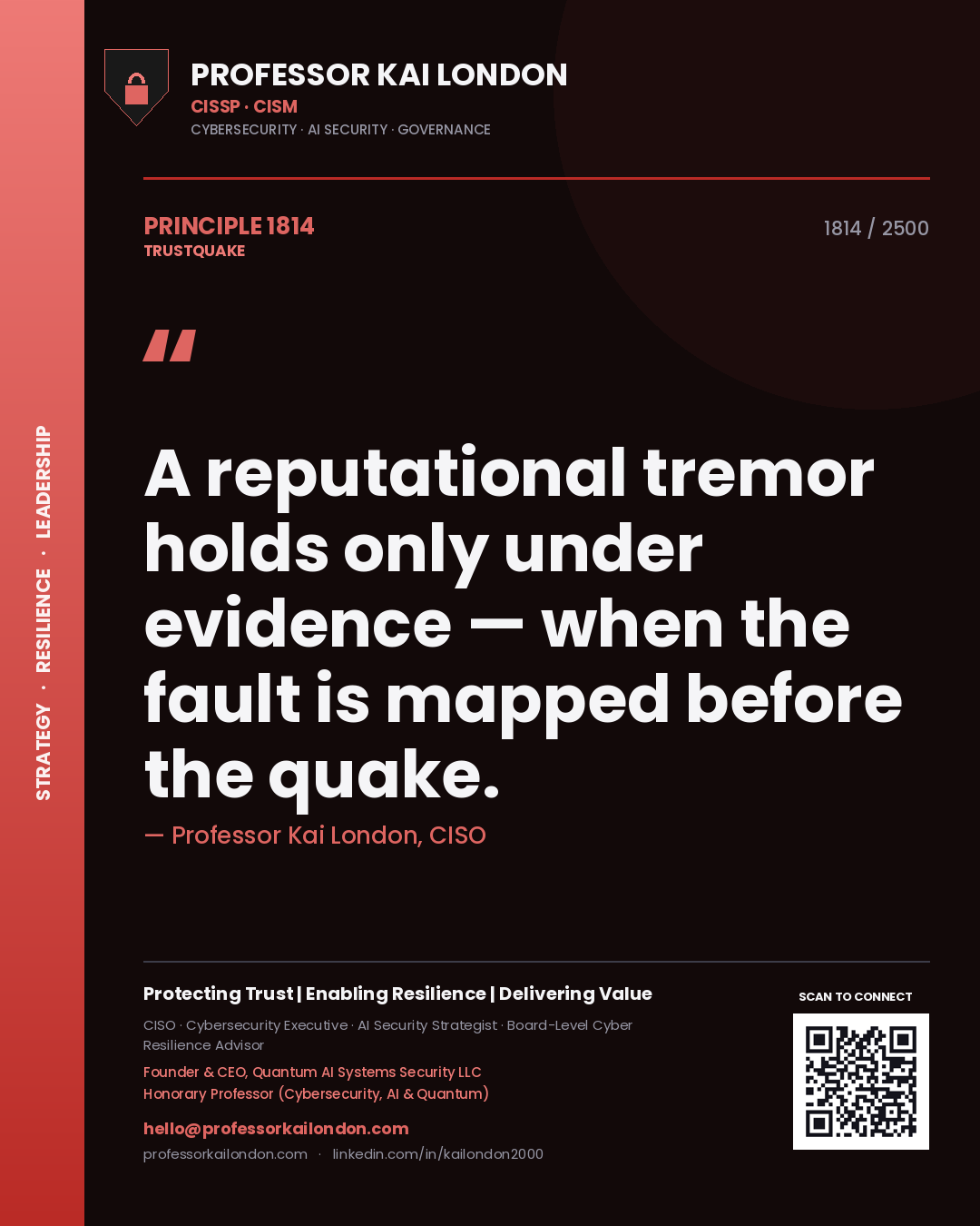 Quote card by Professor Kai London reading 'A reputational tremor holds only under evidence — when the fault is mapped before the quake.'. From the book Trustquake.