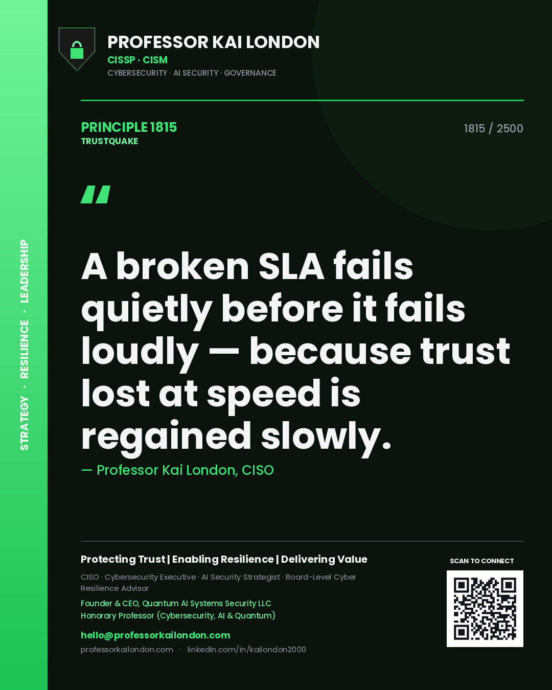 Quote card by Professor Kai London reading 'A broken SLA fails quietly before it fails loudly — because trust lost at speed is regained slowly.'. From the book Trustquake.