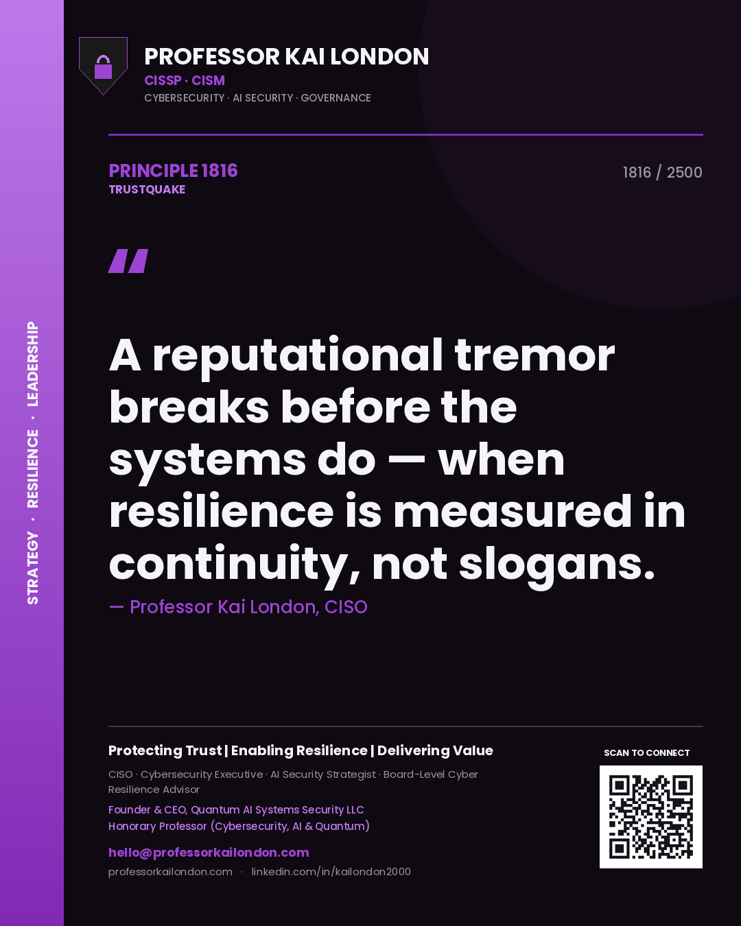 Quote card by Professor Kai London reading 'A reputational tremor breaks before the systems do — when resilience is measured in continuity, not slogans.'. From the book Trustquake.