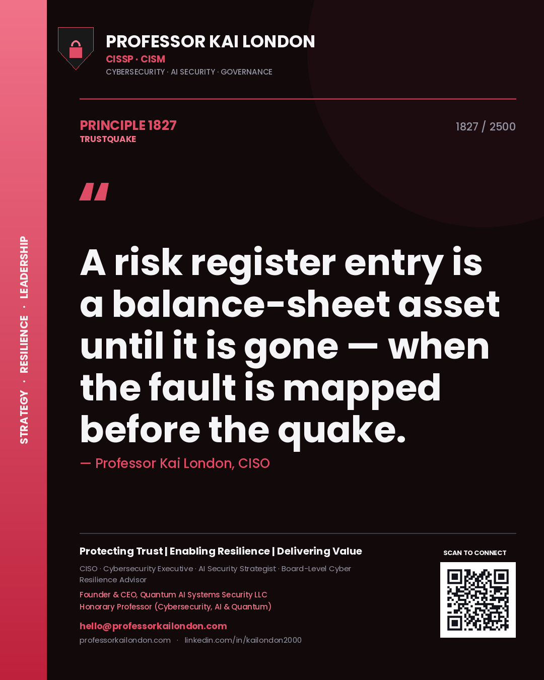 Quote card by Professor Kai London reading 'A risk register entry is a balance-sheet asset until it is gone — when the fault is mapped before the quake.'. From the book Trustquake.