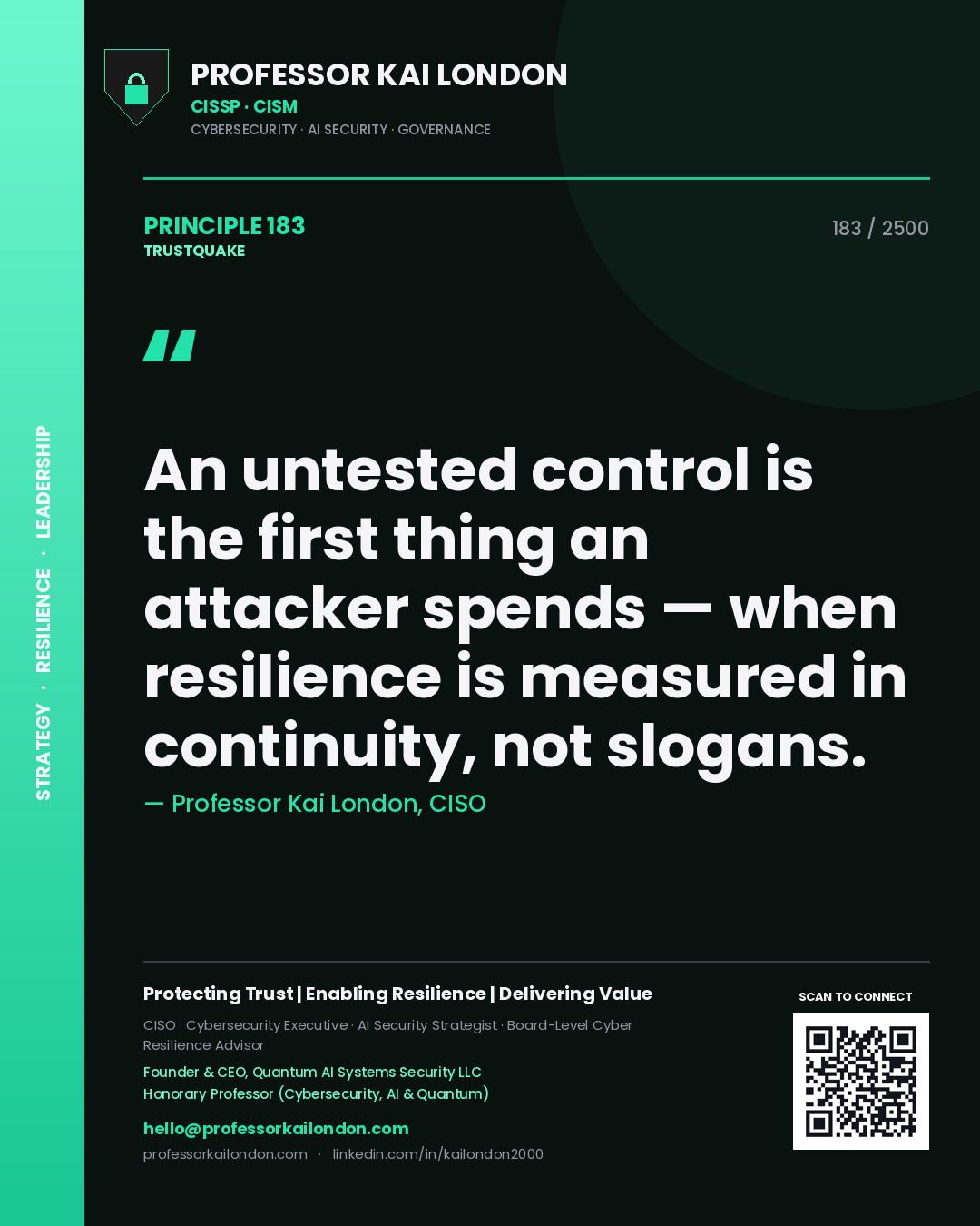 Quote card by Professor Kai London reading 'An untested control is the first thing an attacker spends — when resilience is measured in continuity, not slogans.'. From the book Trustquake.