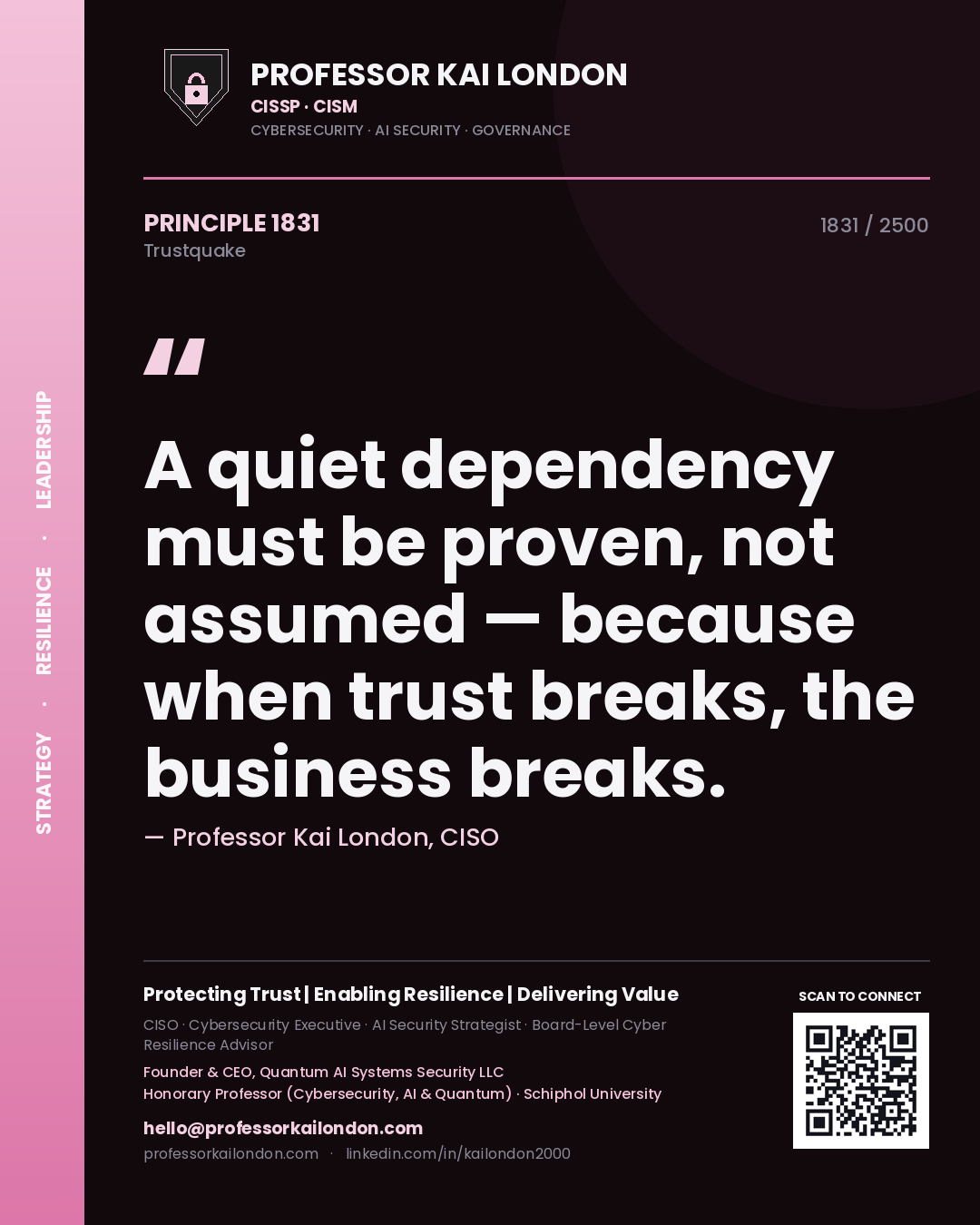 Quote card by Professor Kai London reading 'A quiet dependency must be proven, not assumed — because when trust breaks, the business breaks.'. From the book Trustquake.