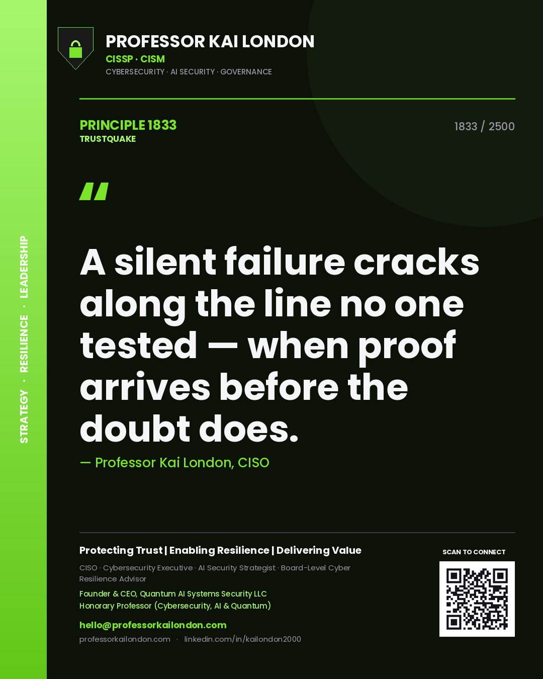 Quote card by Professor Kai London reading 'A silent failure cracks along the line no one tested — when proof arrives before the doubt does.'. From the book Trustquake.