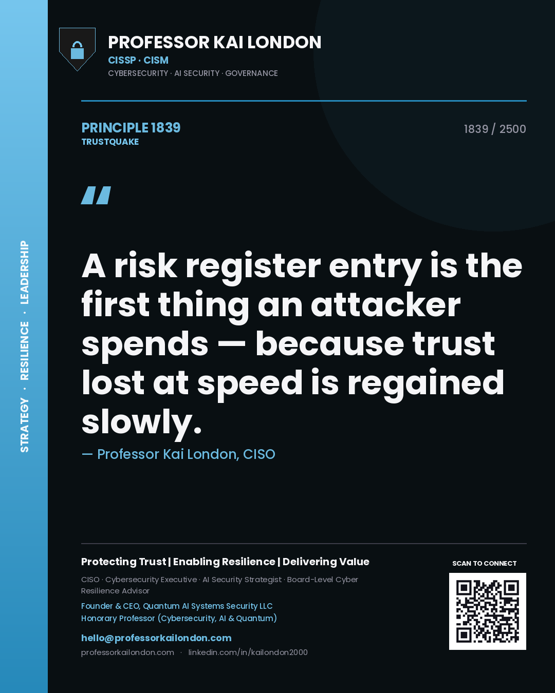 Quote card by Professor Kai London reading 'A risk register entry is the first thing an attacker spends — because trust lost at speed is regained slowly.'. From the book Trustquake.