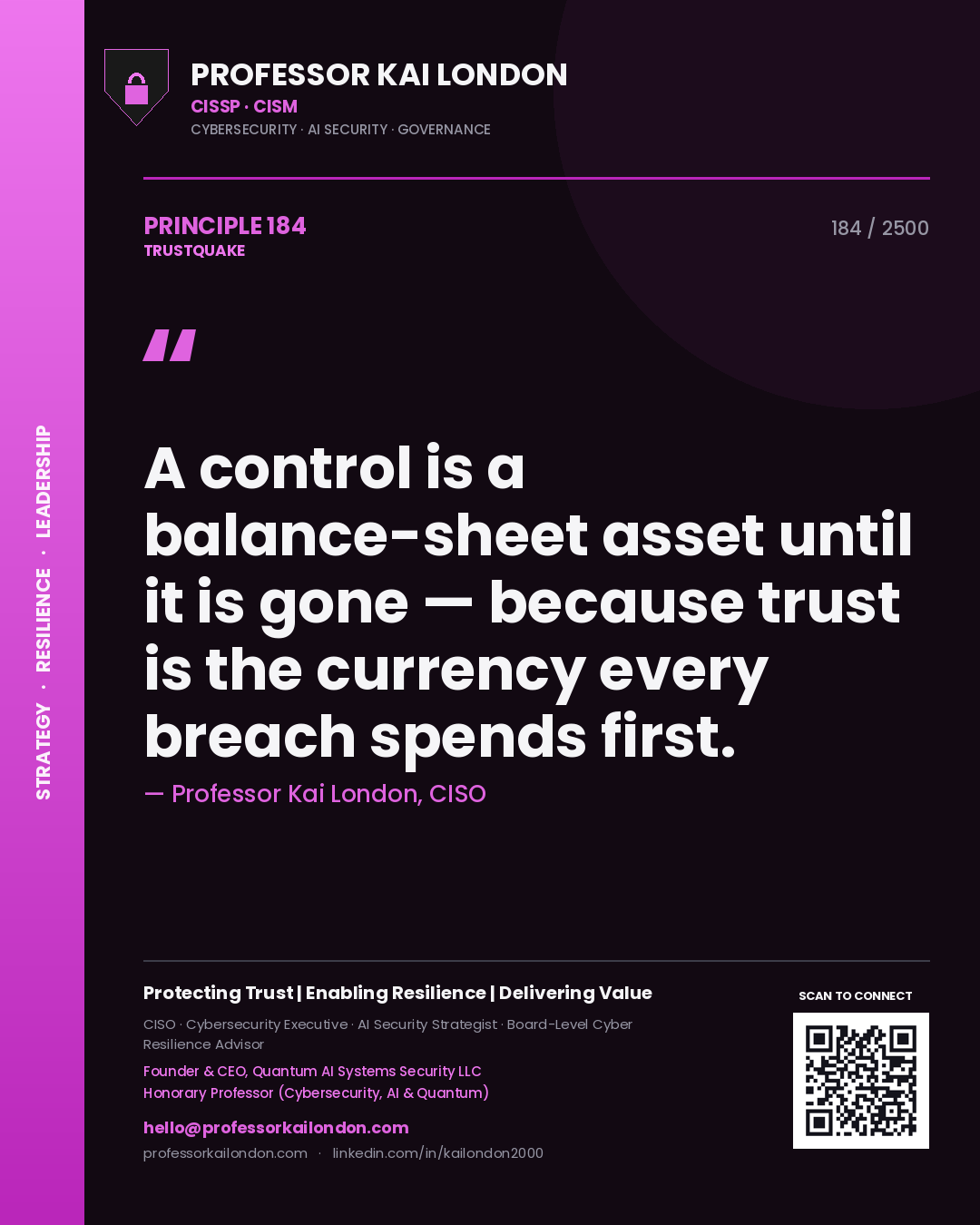 Quote card by Professor Kai London reading 'A control is a balance-sheet asset until it is gone — because trust is the currency every breach spends first.'. From the book Trustquake.